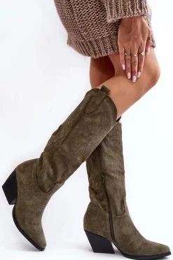 Damskie Kozaki Kowbojki Na Słupku Zielone Sloana