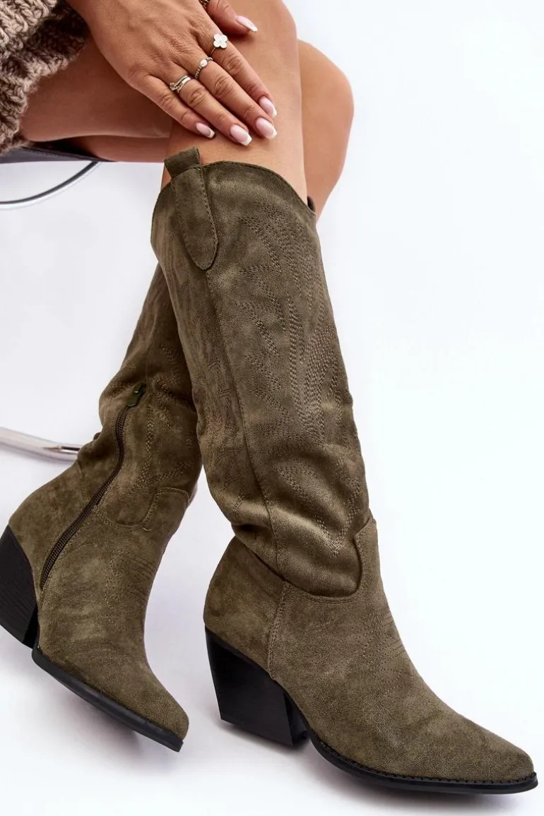 Damskie Kozaki Kowbojki Na Słupku Zielone Sloana