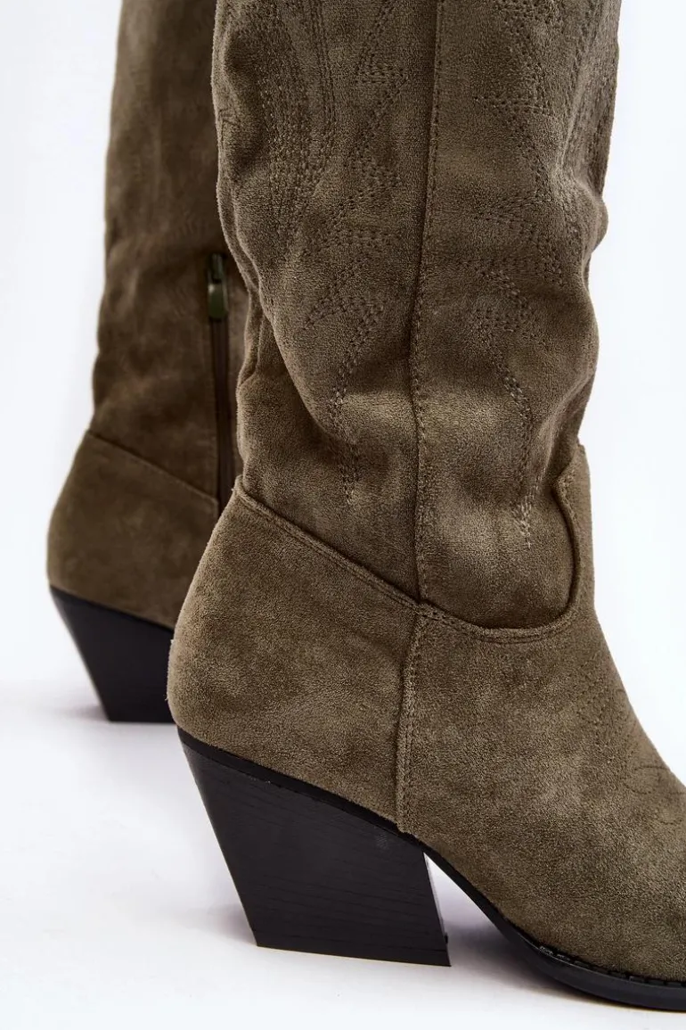 Damskie Kozaki Kowbojki Na Słupku Zielone Sloana