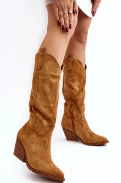 Damskie Kozaki Kowbojki Na Obcasie Przed Kolano Camel Oppore