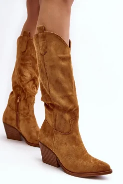 Damskie Kozaki Kowbojki Na Obcasie Przed Kolano Camel Oppore