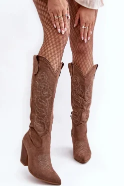 Damskie Kozaki Kowbojki Na Obcasie Ciemnobeżowe Tomani