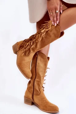 Damskie Kozaki Kowbojki Zamszowe Z Frędzlami Camel Haddy