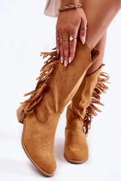 Damskie Kozaki Kowbojki Zamszowe Z Frędzlami Camel Haddy