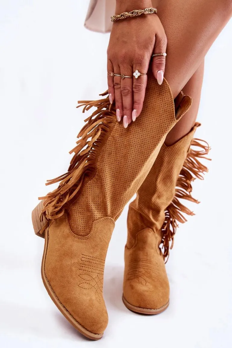 Damskie Kozaki Kowbojki Zamszowe Z Frędzlami Camel Haddy