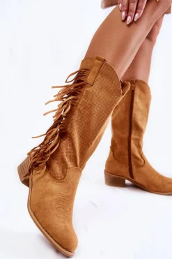 Damskie Kozaki Kowbojki Zamszowe Z Frędzlami Camel Haddy