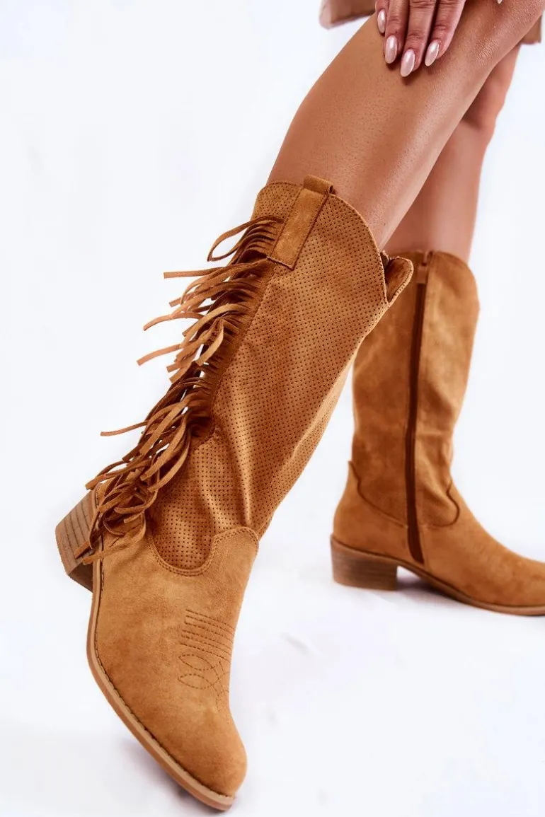 Damskie Kozaki Kowbojki Zamszowe Z Frędzlami Camel Haddy