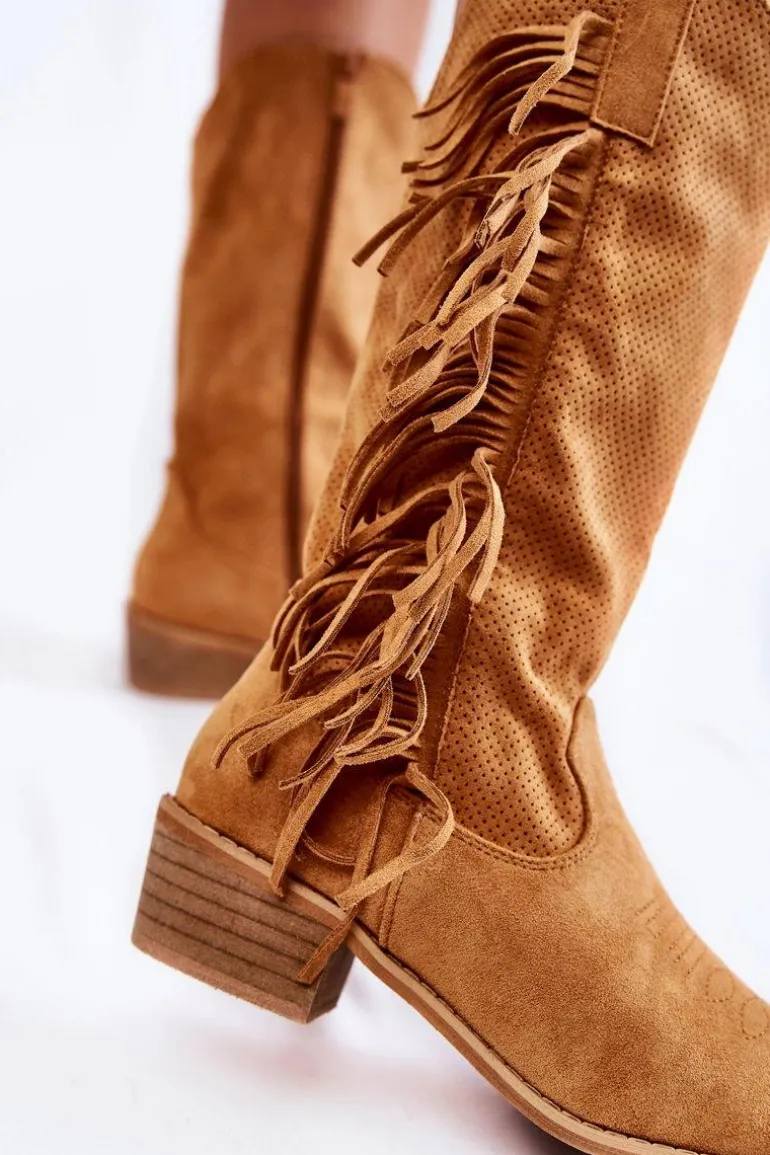 Damskie Kozaki Kowbojki Zamszowe Z Frędzlami Camel Haddy