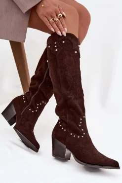 Damskie Kozaki Kowbojki Ze Zdobieniem Na Słupku Czekoladowe Darella