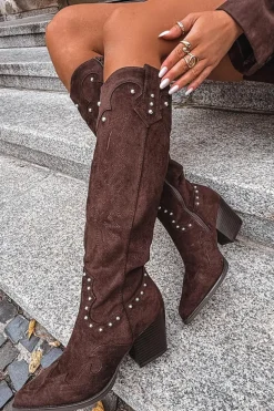 Damskie Kozaki Kowbojki Ze Zdobieniem Na Słupku Czekoladowe Darella