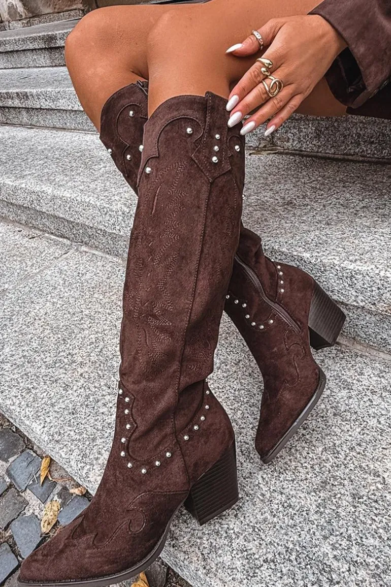 Damskie Kozaki Kowbojki Ze Zdobieniem Na Słupku Czekoladowe Darella