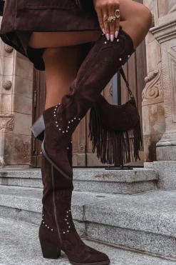 Damskie Kozaki Kowbojki Ze Zdobieniem Na Słupku Czekoladowe Darella