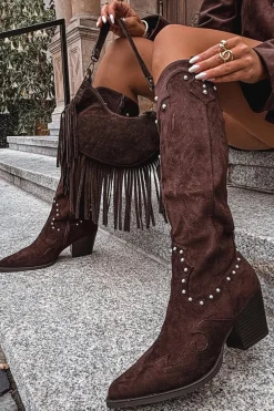 Damskie Kozaki Kowbojki Ze Zdobieniem Na Słupku Czekoladowe Darella