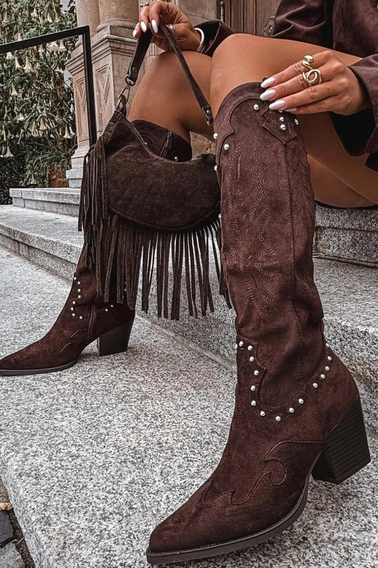 Damskie Kozaki Kowbojki Ze Zdobieniem Na Słupku Czekoladowe Darella