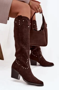 Damskie Kozaki Kowbojki Ze Zdobieniem Na Słupku Czekoladowe Darella