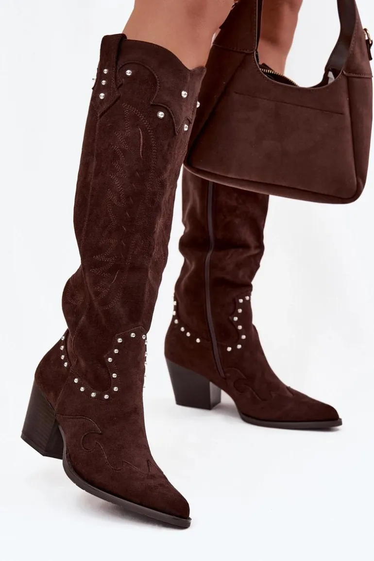 Damskie Kozaki Kowbojki Ze Zdobieniem Na Słupku Czekoladowe Darella