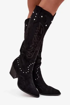 Damskie Kozaki Kowbojki Ze Zdobieniem Na Słupku Czarne Darella