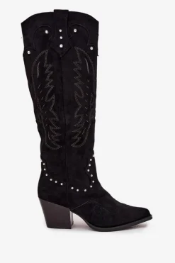 Damskie Kozaki Kowbojki Ze Zdobieniem Na Słupku Czarne Darella