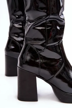Damskie Kozaki Lakierowane Na Słupku Czarne Efatina