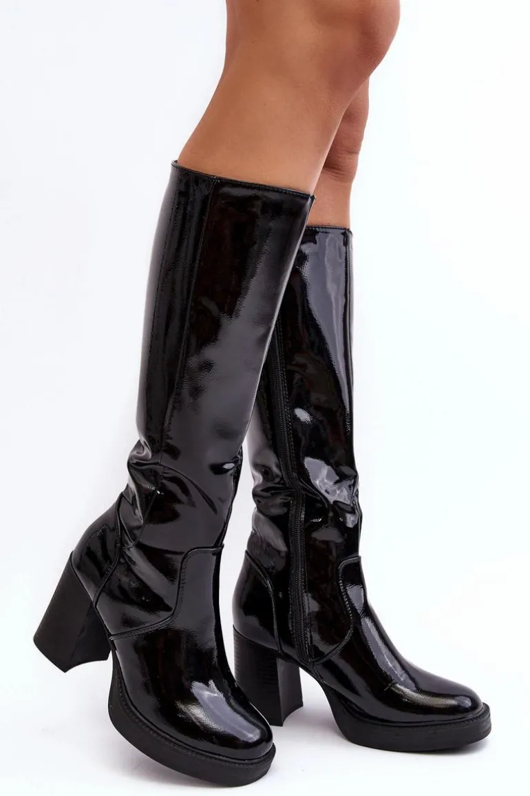 Damskie Kozaki Lakierowane Na Słupku Czarne Efatina