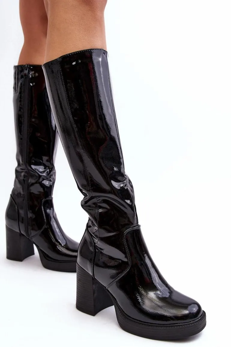 Damskie Kozaki Lakierowane Na Słupku Czarne Efatina