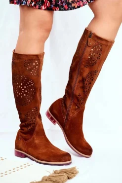 Damskie Kozaki Maciejka Skórzane Ażurowe Camel 04525-29