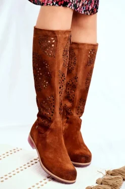 Damskie Kozaki Maciejka Skórzane Ażurowe Camel 04525-29