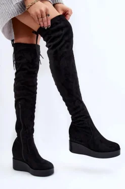 Damskie Kozaki Muszkieterki Na Koturnie Czarne Elori