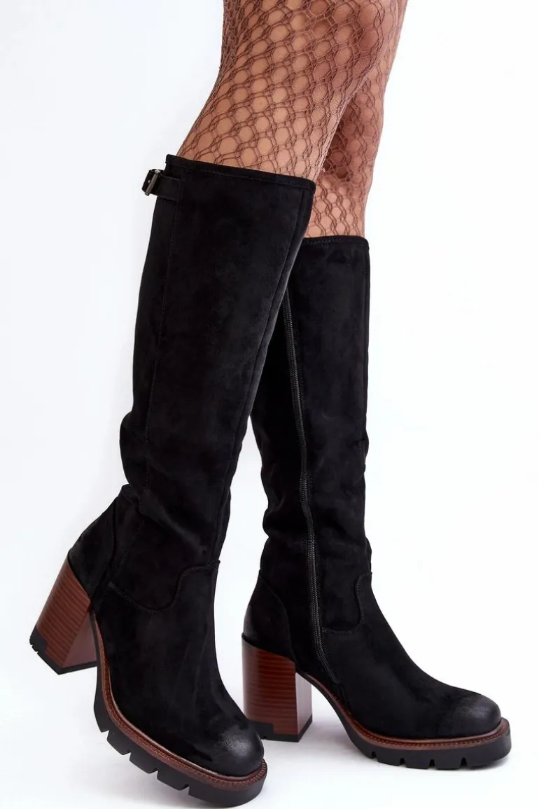 Damskie Kozaki Na Masywnym Słupku Ocieplane Czarne Alzeta