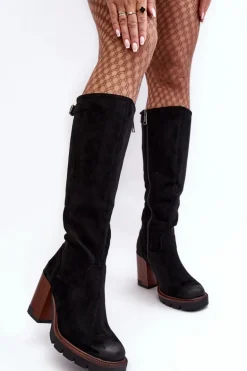 Damskie Kozaki Na Masywnym Słupku Ocieplane Czarne Alzeta