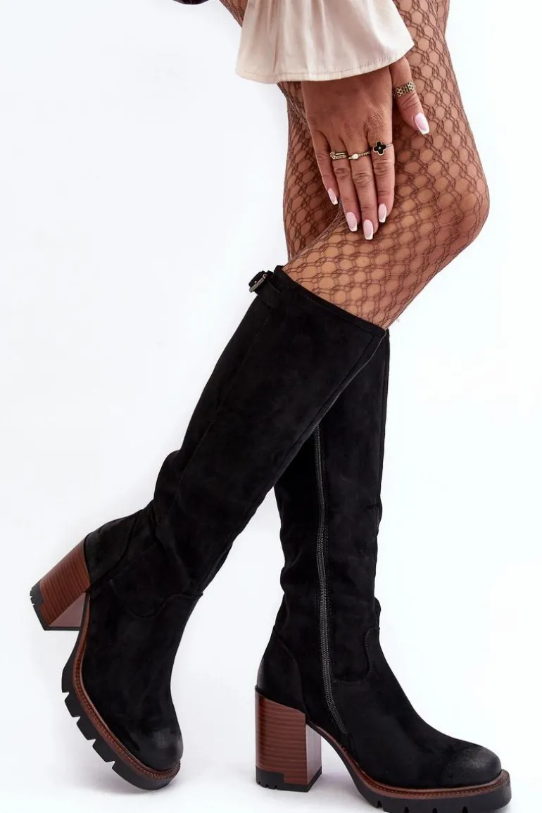 Damskie Kozaki Na Masywnym Słupku Ocieplane Czarne Alzeta