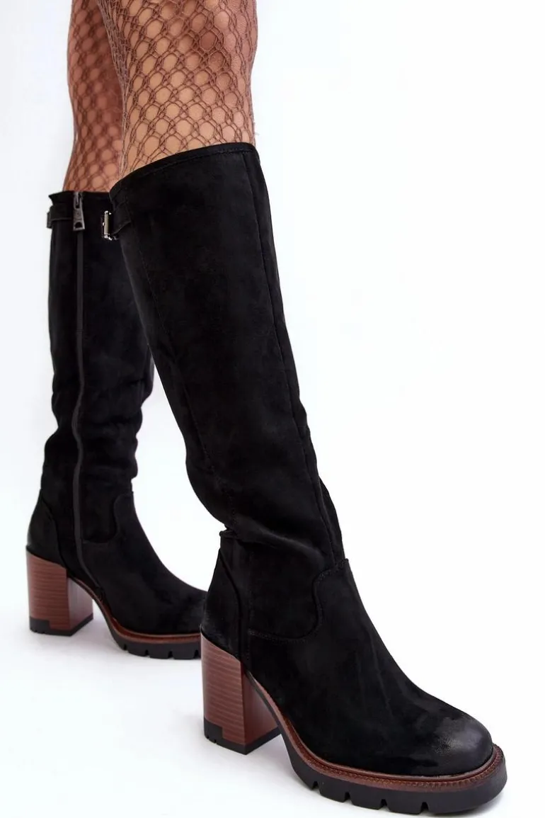 Damskie Kozaki Na Masywnym Słupku Ocieplane Czarne Alzeta