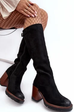 Damskie Kozaki Na Masywnym Słupku Ocieplane Czarne Alzeta