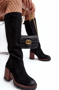 Damskie Kozaki Na Masywnym Słupku Ocieplane Czarne Alzeta