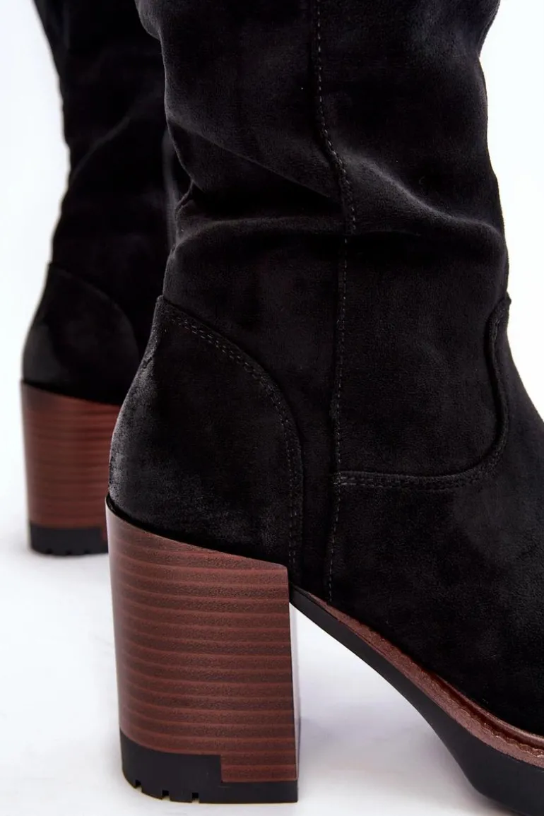 Damskie Kozaki Na Masywnym Słupku Ocieplane Czarne Alzeta