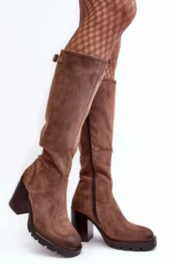 Damskie Kozaki Na Masywnym Słupku Ocieplane Ciemnobeżowe Alzeta