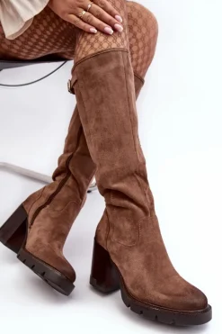Damskie Kozaki Na Masywnym Słupku Ocieplane Ciemnobeżowe Alzeta