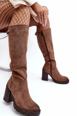 Damskie Kozaki Na Masywnym Słupku Ocieplane Ciemnobeżowe Alzeta