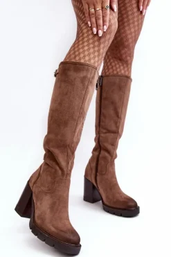 Damskie Kozaki Na Masywnym Słupku Ocieplane Ciemnobeżowe Alzeta