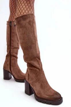 Damskie Kozaki Na Masywnym Słupku Ocieplane Ciemnobeżowe Alzeta