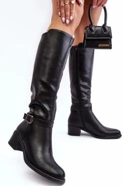 Damskie Kozaki Na Niskim Obcasie Przed Kolano Czarne Bafiske