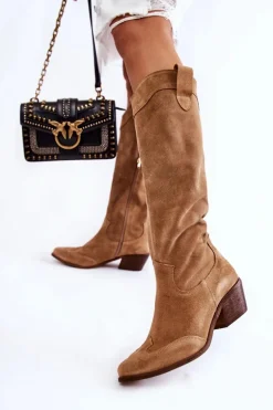 Damskie Kozaki Na Obcasie Lewski Shoes 3235 Beżowe