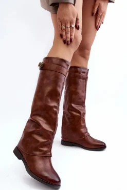 Damskie Kozaki Na Płaskim Obcasie Z Marszczoną Cholewką Brązowe Tercella