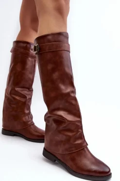 Damskie Kozaki Na Płaskim Obcasie Z Marszczoną Cholewką Brązowe Tercella