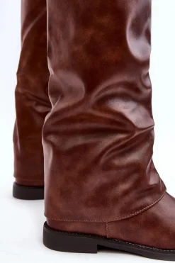 Damskie Kozaki Na Płaskim Obcasie Z Marszczoną Cholewką Brązowe Tercella