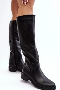 Damskie Kozaki Na Płaskim Obcasie Przed Kolano Czarne Aviare