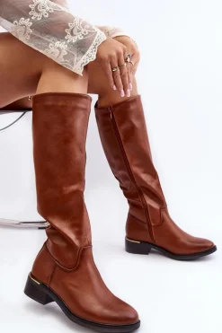 Damskie Kozaki Na Płaskim Obcasie Przed Kolano Brązowe Aviare