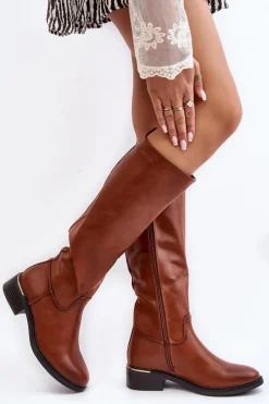 Damskie Kozaki Na Płaskim Obcasie Przed Kolano Brązowe Aviare
