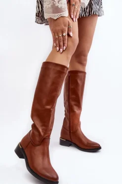 Damskie Kozaki Na Płaskim Obcasie Przed Kolano Brązowe Aviare