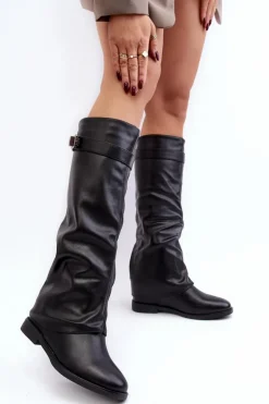 Damskie Kozaki Na Płaskim Obcasie Z Marszczoną Cholewką Czarne Tercella